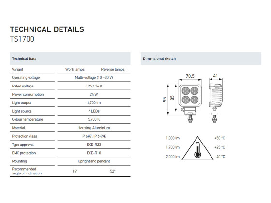 Hella Ryggelys TS1700 200mm kabel m/deutsch ECE-R10