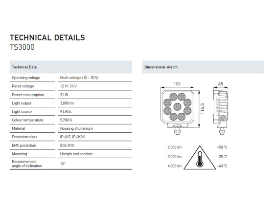 Hella Arbeidslys TS3000 3000mm kabel, ECE-R10
