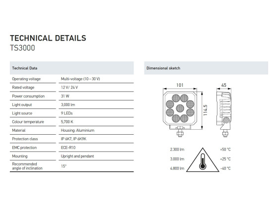 Hella Arbeidslys TS3000 3000mm kabel, ECE-R10