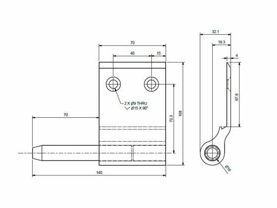 Gångjärn höger m/tapp 140mm komplett aluminium