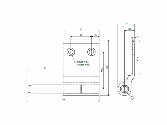 Alu gångjärn höger tapp 160/70mm komplett - 10473