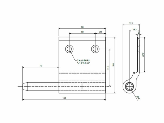 Gångjärn höger 160/90mm m/tapp komplett alu