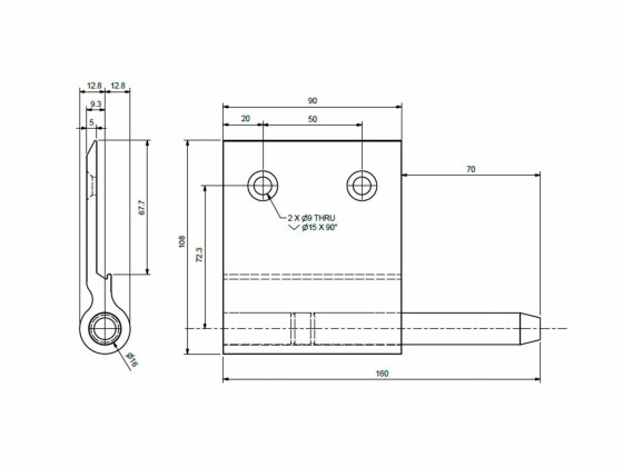 Gångjärn höger 160/90mm m/tapp komplett alu