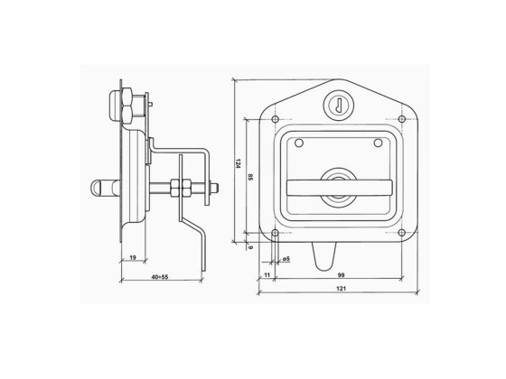 Dörrlås m/T-handtag och packning, f/inbygg, rostfri - 2383