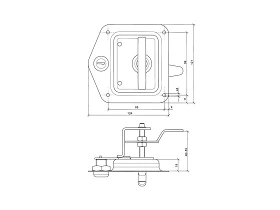 Dörrlås m/grepp för inb.rostfri (T-lås)