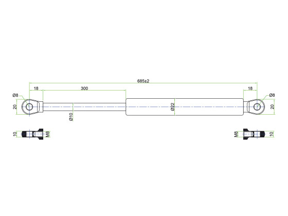 Gasfjeder 800N, 685mm med M8 øjer