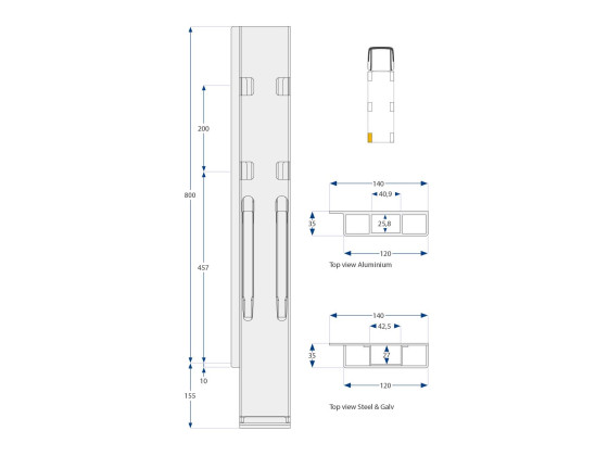 Bakstolpe K20 800mm alu bred dubbel vänster 2-port - Kinnegrip 208902