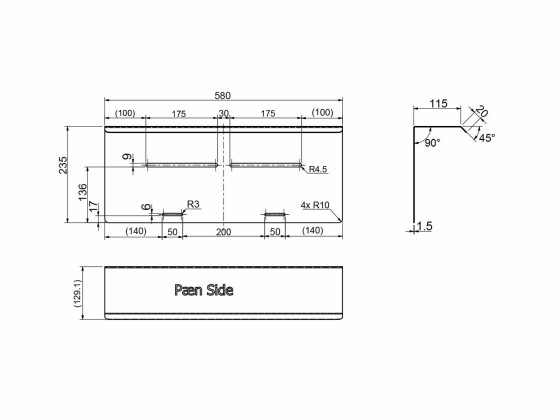 Konsol for bakljus, rostfritt 580x235mm