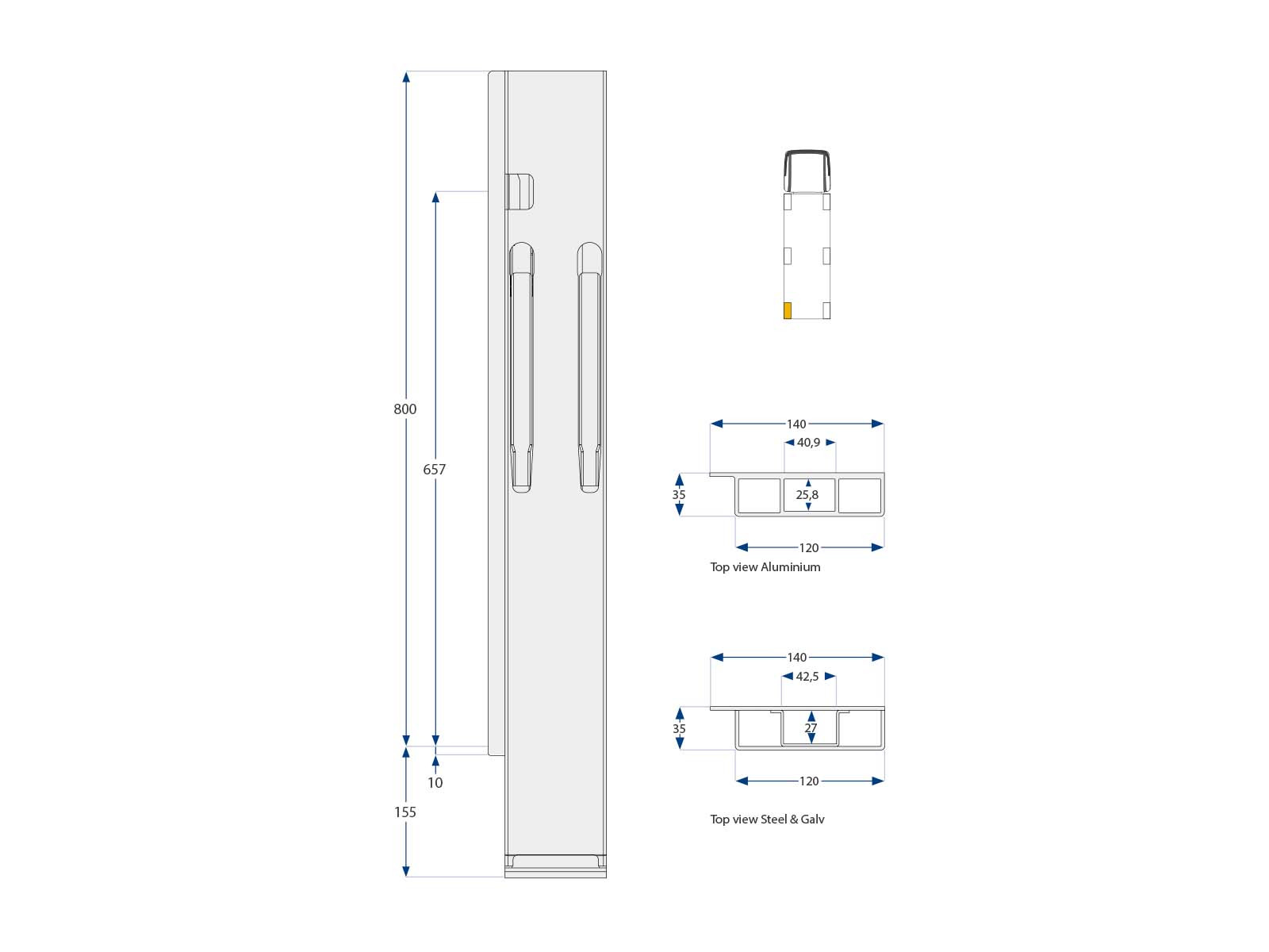 Kinnegrip K20 Bakstolpe vänster 800mm be alu 1p