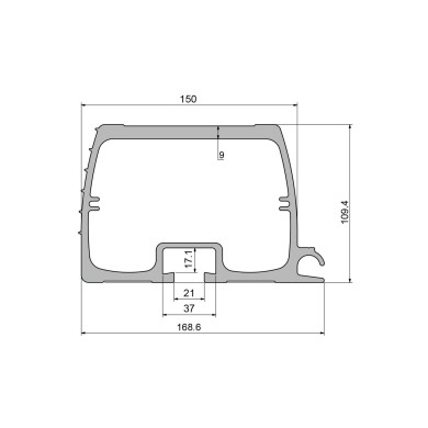 Underkøringsprofil 2.400mm svær model - m/skinne for stænklapper - EN-AW 6005-T6 - Elox. natur 20my - længdetolerance +/-4.0 mm